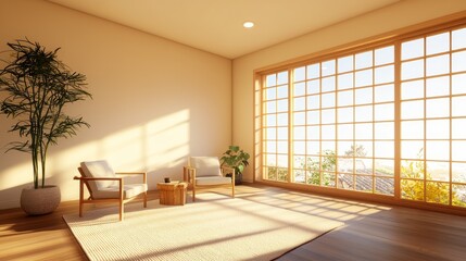 Serene Japandi Living Room with Exposed Concrete Walls and Warm Wooden Furniture for Minimalist Cozy Home Aesthetic,3D rendering