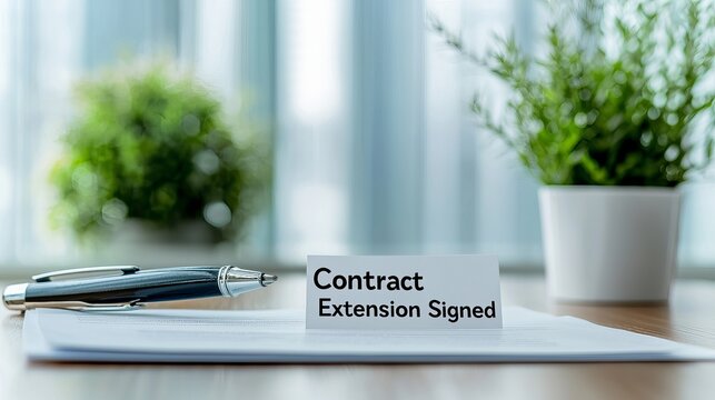 Close-up of a signed contract extension on a wooden table, symbolizing a business agreement with greenery in the background.