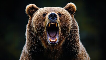 Obraz premium Hyper-Realistic Photograph of Roaring Grizzly Bear Facing Camera Against Dark Background
