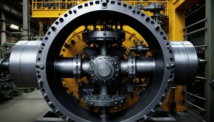 Large Industrial Machinery Structure Front View with Metallic Circular Design