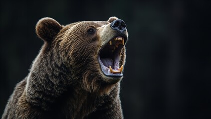 Hyper-Realistic Photograph of Roaring Grizzly Bear Facing Camera Against Dark Background