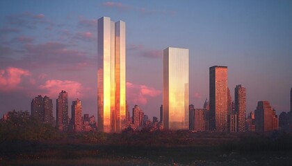 Fototapeta premium Modern City Skyline at Sunset, Tall Buildings Reflecting Golden Light