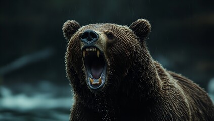 Obraz premium Hyper-Realistic Photograph of Roaring Grizzly Bear Facing Camera Against Dark Background