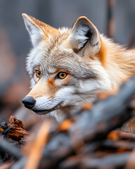 Fototapeta premium Coyote in burnt forest, alert gaze, wildlife recovery