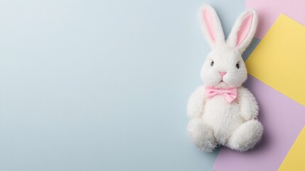 Obraz premium top view of white Easter bunny on colorful gray background with copy space