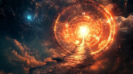 Obraz premium A cosmic portal with a bright light, surrounded by celestial elements and a pathway.