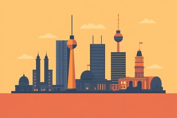Obraz premium A vibrant cityscape with iconic structures and modern skyscrapers under a warm sky