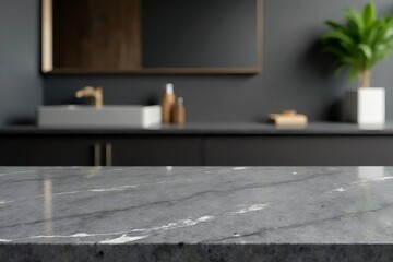 Empty marble table top on blurred minimalistic luxury bathroom at apartment, dark black and gray colors. Place for product display, showing products, side view