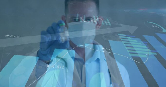 Analyzing data with charts overlay, scientist working in laboratory with animation