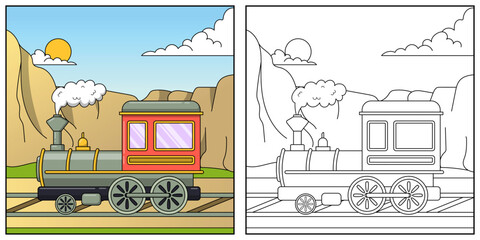Cute steam train locomotive. Coloring page and colorful clipart character.