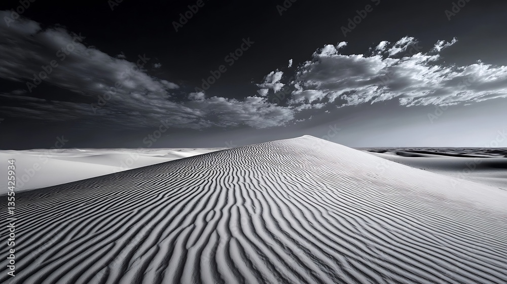 Poster stunning view of a vast desert landscape under a dramatic sky with rolling sand dunes and clouds : g