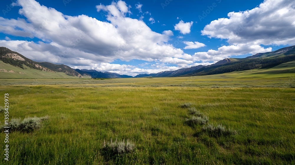 Poster vast open landscape showcasing stunning green fields under a bright blue sky with fluffy clouds : ge