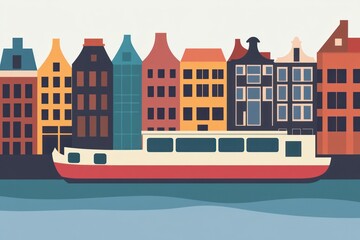 Colorful Urban Waterfront Scene with Boat and Buildings