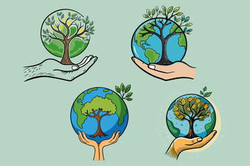Set of Hand drawing holding tree earth sketch Vector design on isolated background.