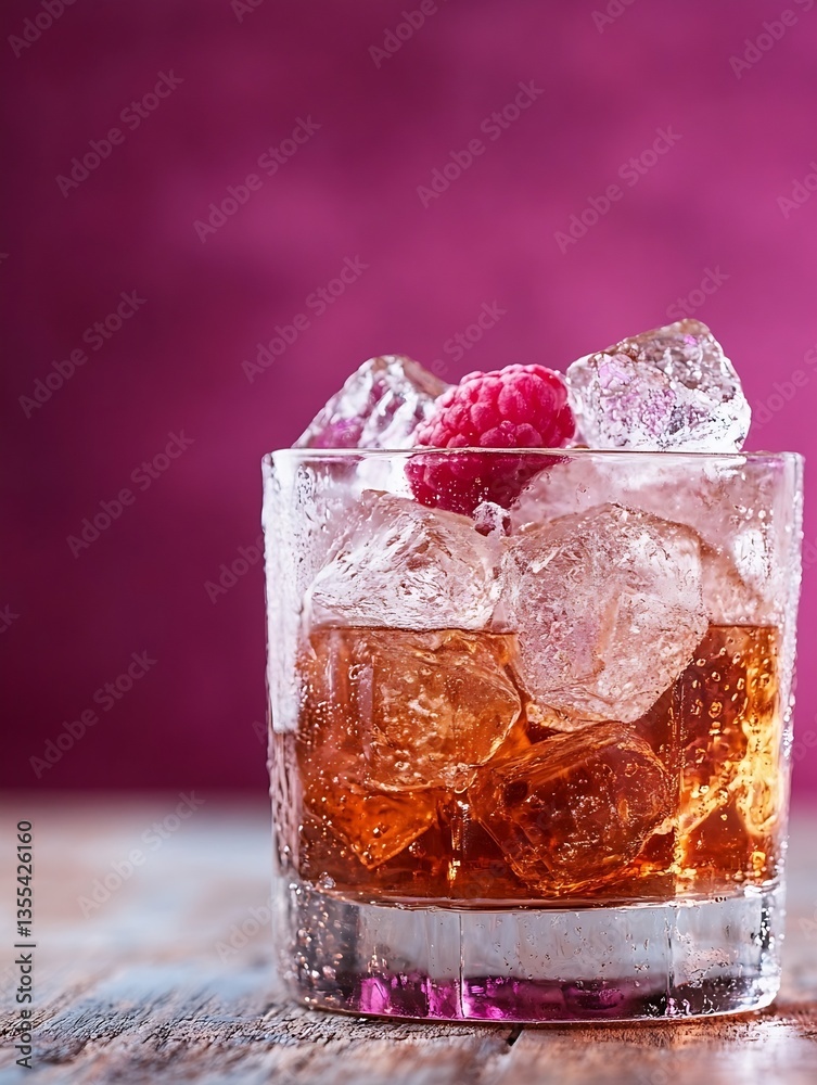 Aufkleber refreshing cocktail with raspberry garnished served over ice in a glass on wooden table : generative