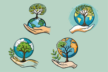 Set of Hand drawing holding tree earth sketch Vector design on isolated background.