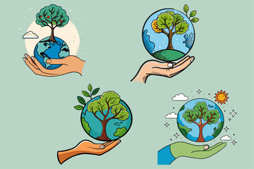 Fototapeta premium Set of Hand drawing holding tree earth sketch Vector design on isolated background.