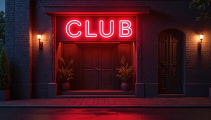 Glowing neon CLUB sign above entrance of a modern nightclub. Red light against dark brick wall. Trendy city nightlife, entertainment. Party, social gathering, fun. Nighttime atmosphere.