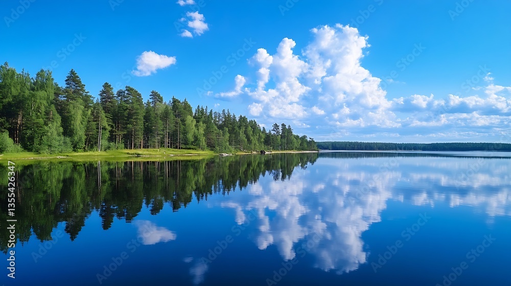 Poster serene landscape of a calm lake surrounded by lush green trees and bright blue sky with fluffy cloud