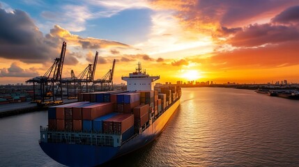 Naklejka premium Cargo Ship Filled with Containers Sailing Towards Dazzling Sunset Over Water : Generative AI