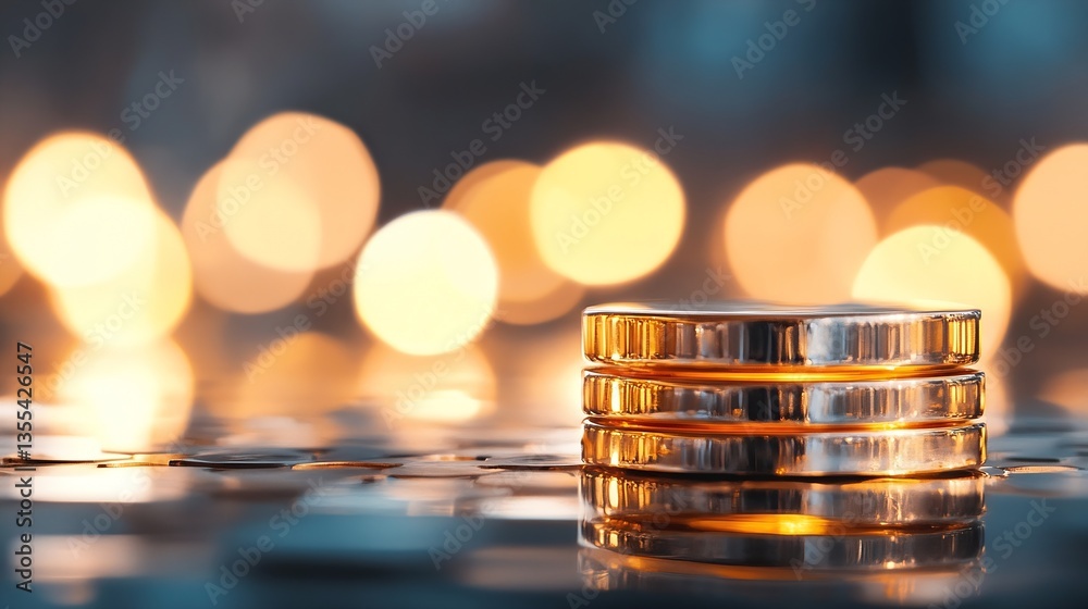 Poster Shiny coins glimmering against a soft bokeh background creating a sense of wealth and success : Generative AI