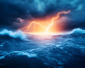 Fototapeta premium Dramatic ocean storm, lightning, waves