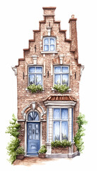 Dutch House Illustration, Watercolor Style