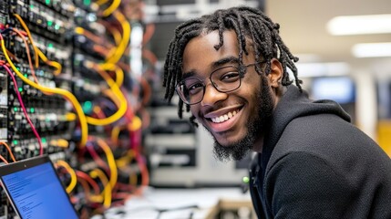 Fototapeta premium Young Man Smiling While Configuring Laptop Inside Server Room Surrounded By Red Cables