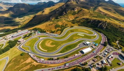 Aerial View of Motor Racing Circuit in Mountainous Landscape with Spectators