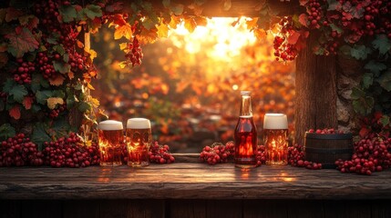 Autumn vineyard beer stand with sunset view