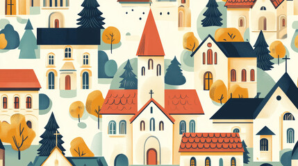 Fototapeta premium Cathedral church temple traditional building seamless pattern famous landmark tourism vector illustration