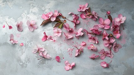 A fresh bouquet of soft pink cherry blossoms scattered randomly across the smooth surface in an artistic splash