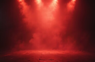 Red fog and spotlight stage background. Dark red smoky background. Red light effect from stage spotlights. Dark empty studio scene, concert, music show, performance.
