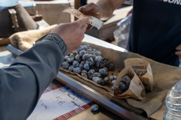 Buying food at a busy market or fairgrounds