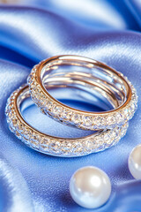Elegant silver rings on blue silk, pearls nearby. Jewelry photography for online store