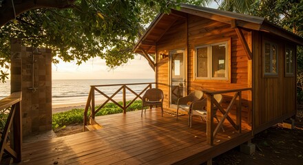 Wooden Cabin on Beachfront Deck with Ocean View at Sunset