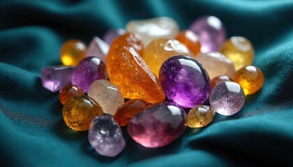 Collection of colorful gemstones on dark fabric background. Sparkling crystals with variety shapes, facets, colors. Gem stones like amethyst, quartz, amber, citrine, topaz. Precious minerals used