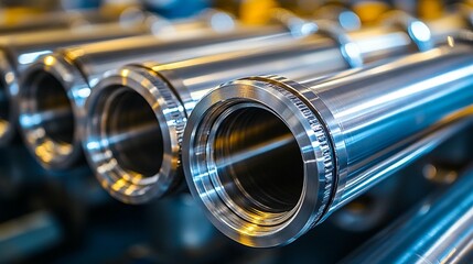 Naklejka premium Close-up of shiny metal pipes with precision engineering details.