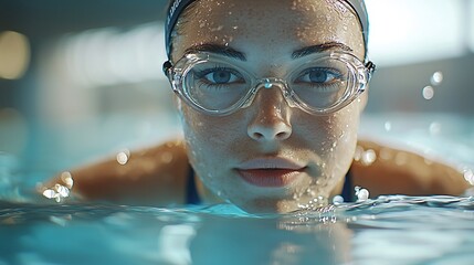 Close-up portrait of a female swimmer in a pool.