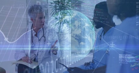 Discussing medical data, doctors with animation of Earth and digital connections - Powered by Adobe