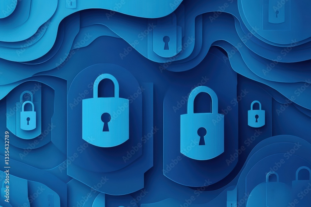 Fototapete cybersecurity background in paper art style featuring layered locks, encrypted codes, and shield sha