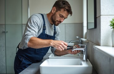 Man in blue overalls repairs faucet with pliers in contemporary bathroom. Skilled handyman fixing plumbing, home improvement. Working with tap, home maintenance, water repair, pipe maintenance, pro
