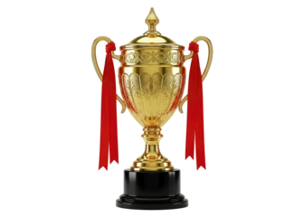 trophy cup with red ribbons