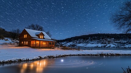 Fototapeta premium Cozy log cabin nestled beside a frozen pond under a vibrant starlit night sky in a snowy winter landscape.