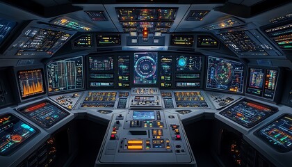 Interior view showcasing a spacecrafts complex operational control panels