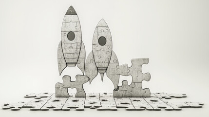 Teamwork business successful startup web banner set, company puzzle biz, rocket launch flat vector illustration read more button.