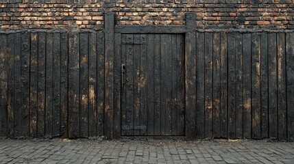 Charred wooden door and fence against a fire-damaged brick wall. Cobblestone ground in front