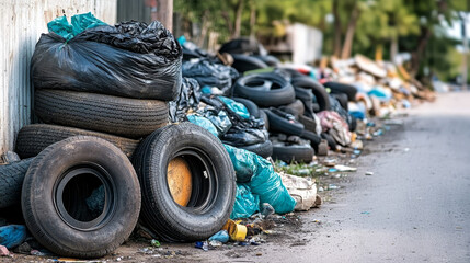 Recycling garbage elements trash bags tires management industry utilize waste can vector illustration.