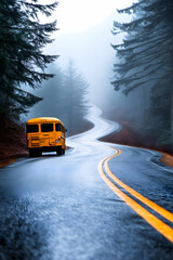 Obraz premium Foggy mountain road, school bus, winding path, autumn