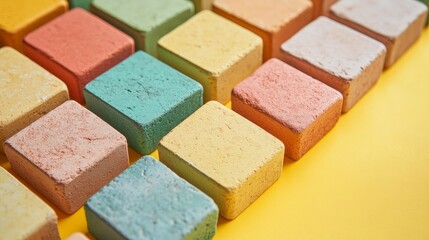 Fototapeta premium Colorful construction bricks on a yellow background, presented in close-up detail